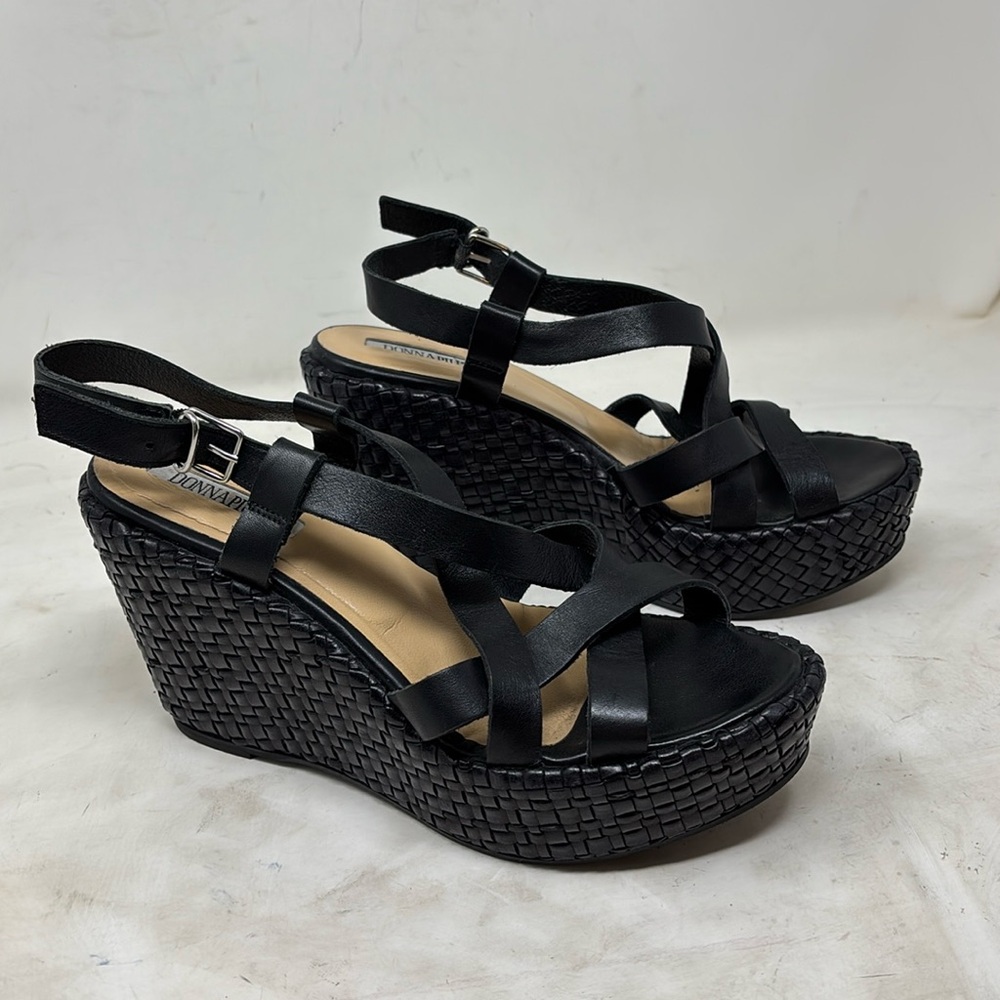 Donna  Piu black, leather woven wedge sandals made in Italy